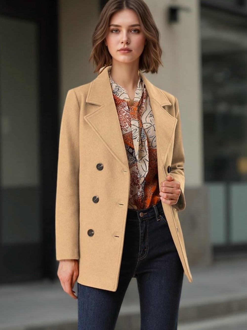 Allegra K Camel Double-Breasted Pea Coat